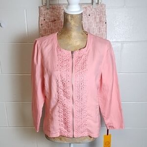 Linen Blend Peachy Pink Lace Zip-Up Tailored Shirt Jacket 10 NWT